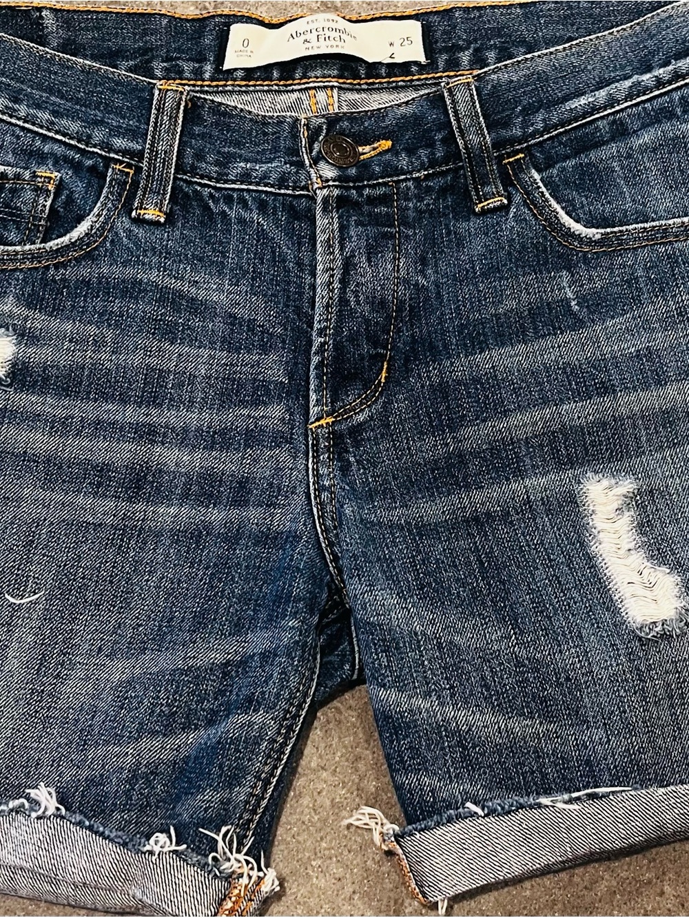 Abercrombie & Fitch Dark Blue Distressed Rolled-Hem Jean Shorts